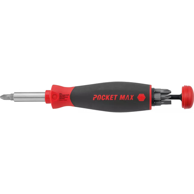 Black and red screwdriver with interchangeable bit holder visible