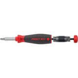Black and red screwdriver with multiple bits and storage compartment