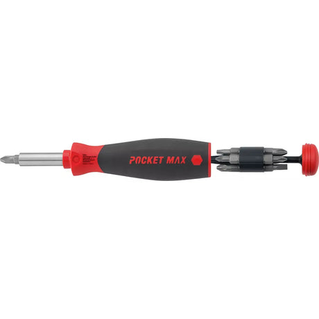 Black and red screwdriver with multiple bits and storage compartment