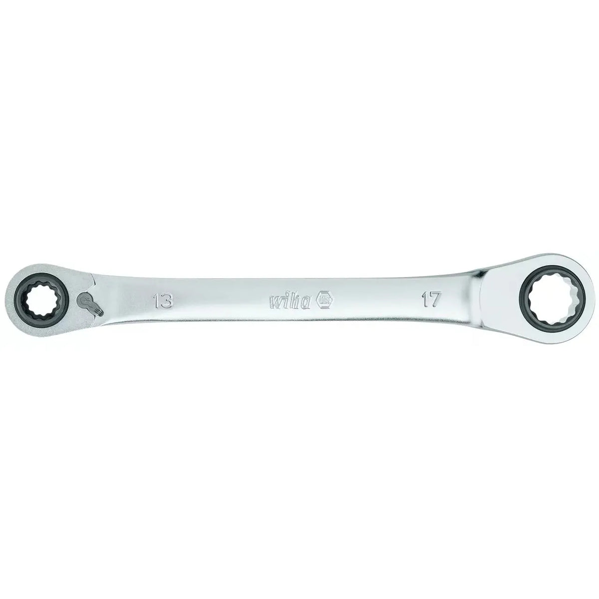 Double-ended ratchet wrench with 13 and 17 mm sockets.