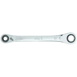 Double-ended ratchet wrench with 13 and 17 mm sockets.