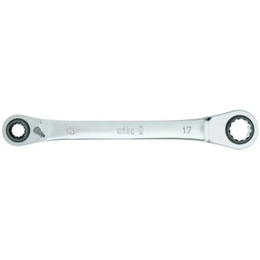 Double-ended ratchet wrench with 13 and 17 mm sockets.