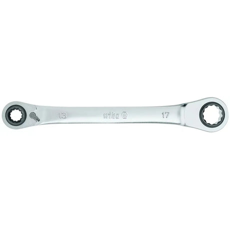 Double-ended ratchet wrench with 13 and 17 mm sockets.