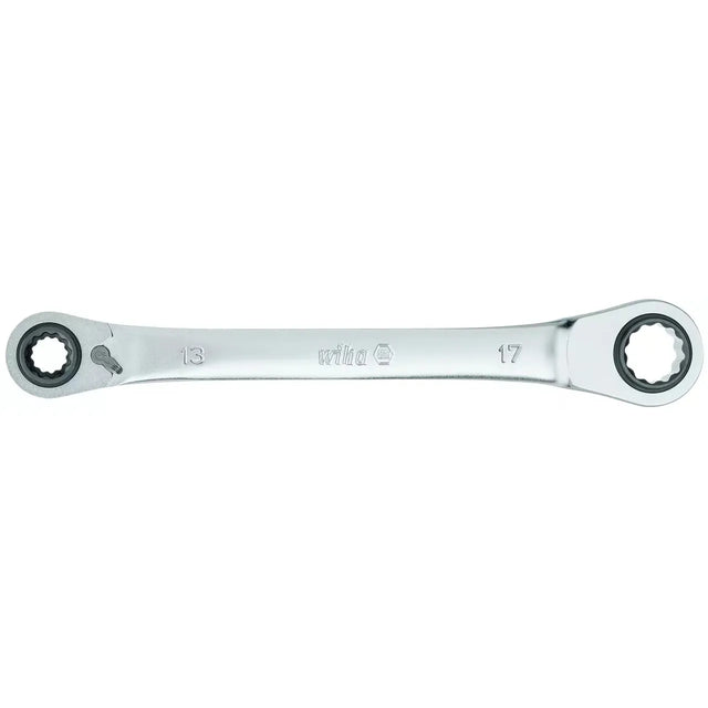Double-ended ratchet wrench with 13 and 17 mm sockets.