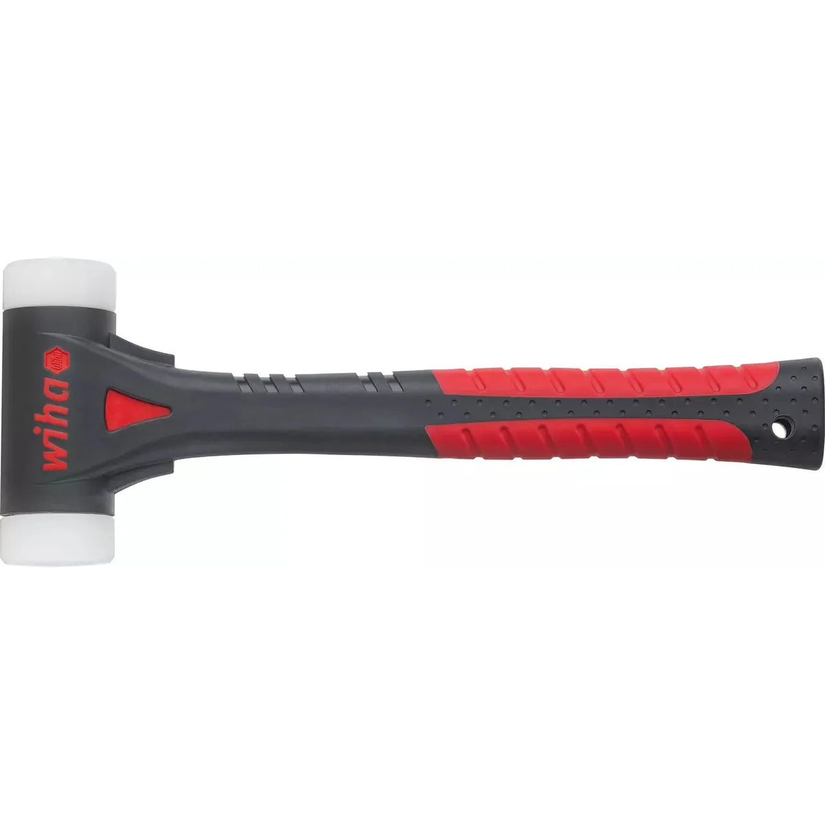 Black and red dead-blow hammer with a rubber grip and white striking faces.