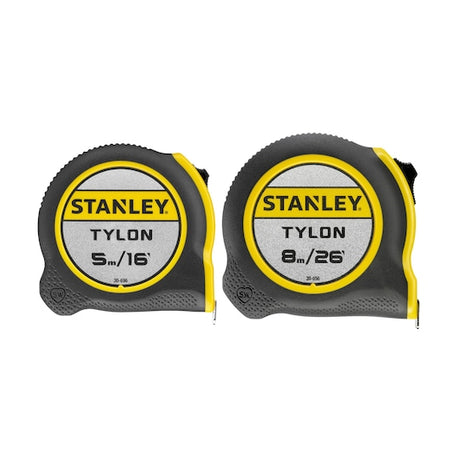 Photo of STANLEY STHT9-98985 Tylon tape measures, 5m/16ft and 8m/26ft, front angle on white background.