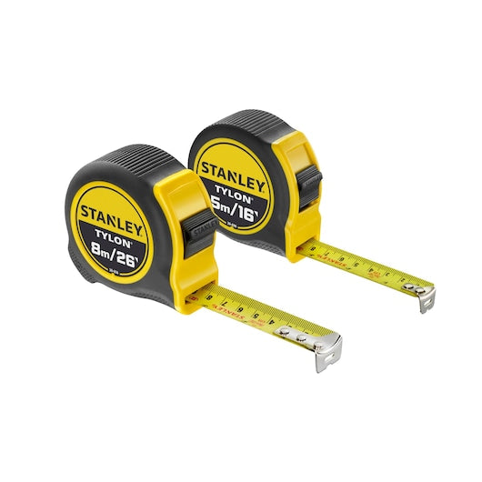 STANLEY STHT9-98985 two Tylon tape measures, yellow and black, photography on white background, category Photography.