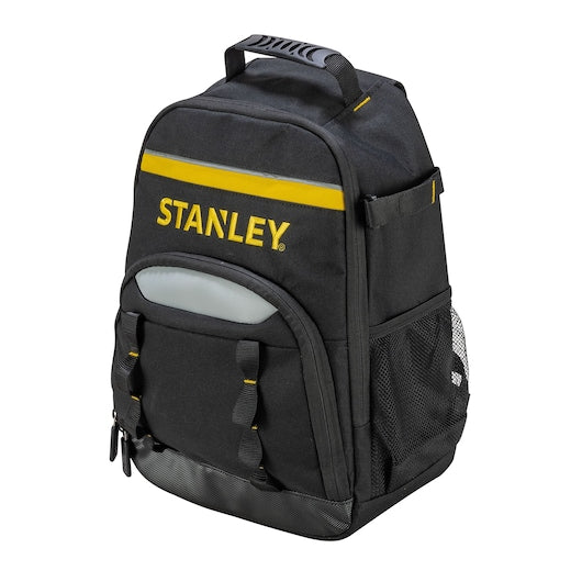 Photo of STANLEY STST1-72335 black tool backpack with yellow accents and multiple pockets, front angle.