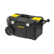 STANLEY STST1-80150 black rolling toolbox with yellow top compartments, side handle, and wheels, front angle.
