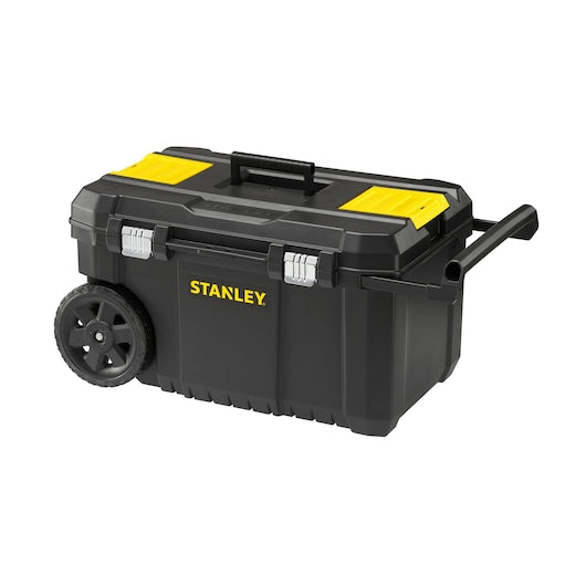 STANLEY STST1-80150 black rolling toolbox with yellow top compartments, side handle, and wheels, front angle.