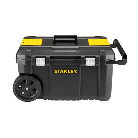 STANLEY STST1-80150 black wheeled tool box with yellow accents, front angle on white background.