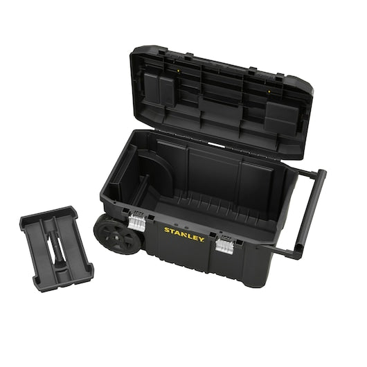STANLEY STST1-80150 black wheeled toolbox with open lid, removable tray, and metal latches, front angle.