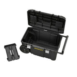 STANLEY STST1-80150 black wheeled toolbox with open lid, removable tray, and metal latches, front angle.