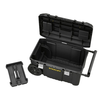STANLEY STST1-80150 black wheeled toolbox with open lid, removable tray, and metal latches, front angle.
