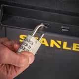STANLEY STST1-80150 padlock on storage box, close-up angle showing combination lock.