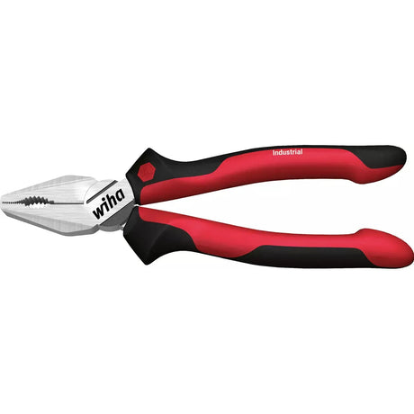 Red and black combination pliers with metal jaws.
