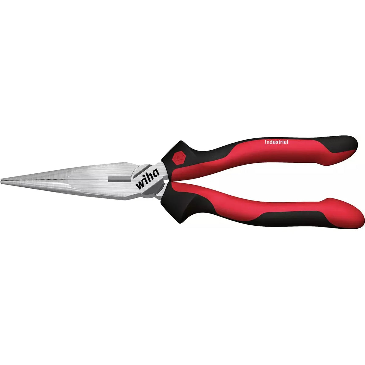Flat-nose pliers with red and black handles and a silver metallic head.