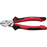 Red and black industrial side cutter with metal blades.