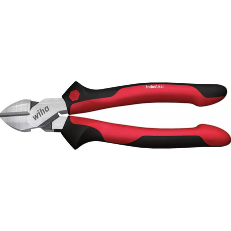Red and black industrial side cutter with metal blades.