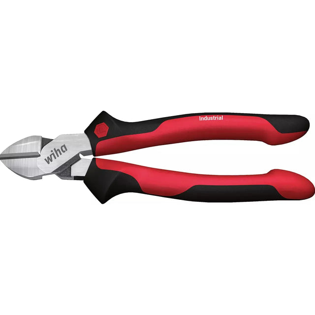 Red and black industrial side cutter with metal blades.