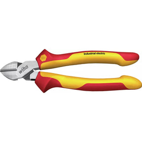 Red and yellow insulated side cutter with metal cutting blades.