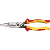 Electrical pliers with red and yellow handles, silver cutting edge, and hole openings for stripping.