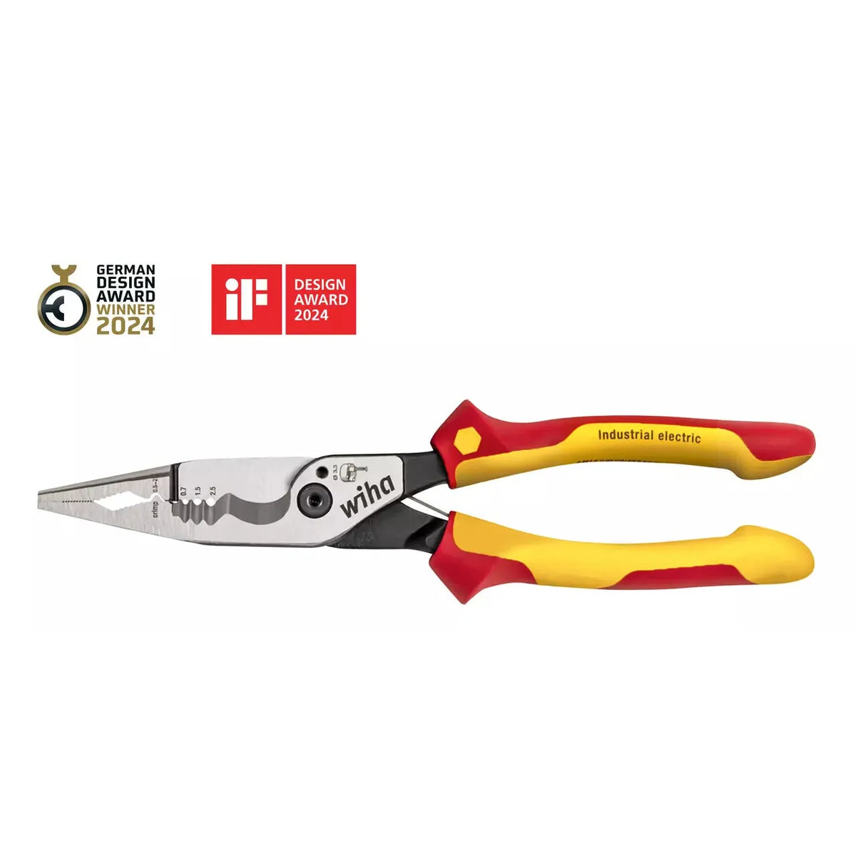 Multifunctional pliers with red-yellow handles, awarded for design.