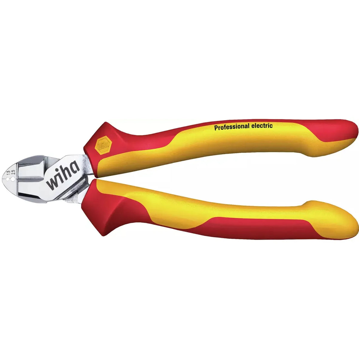 Red and yellow wire stripping side cutter with insulated handles.
