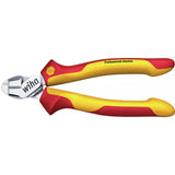 Red and yellow wire stripping side cutter with insulated handles.