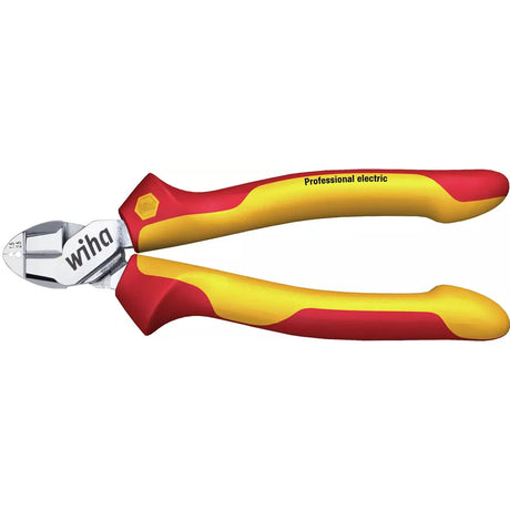 Red and yellow wire stripping side cutter with insulated handles.