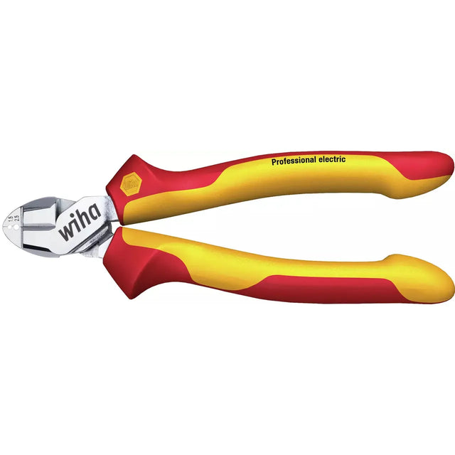 Red and yellow wire stripping side cutter with insulated handles.