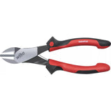 Red and black industrial diagonal pliers with metal blades.