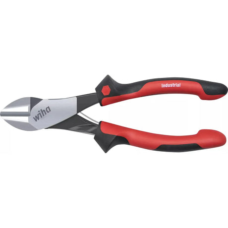 Red and black industrial diagonal pliers with metal blades.