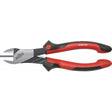 Red and black industrial diagonal cutter with metallic jaws and ergonomic handles.
