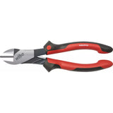 Red and black industrial diagonal cutter with metallic jaws and ergonomic handles.