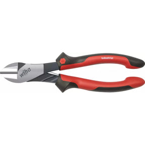Red and black industrial diagonal cutter with metallic jaws and ergonomic handles.