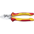 Red and yellow insulated diagonal pliers with metallic jaws.