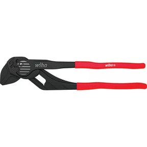 Adjustable pliers with red handles and black jaws.