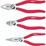 Three types of pliers with red handles on a white background.