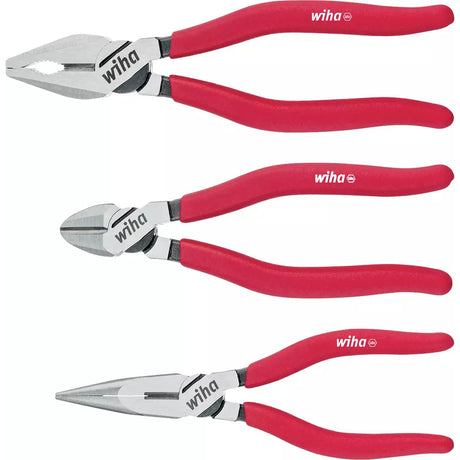 Three types of pliers with red handles on a white background.