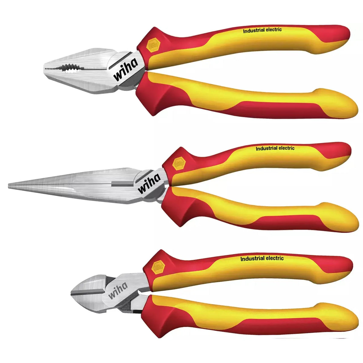 Set of three pliers with red and yellow handles labeled "Industrial electric"