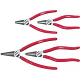 Red-handled snap ring pliers, various sizes, with black tips and metal joints.