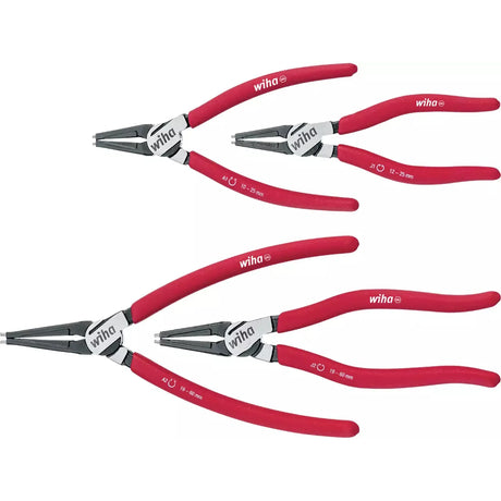 Red-handled snap ring pliers, various sizes, with black tips and metal joints.