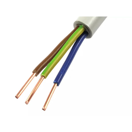 Three stripped electrical wires with brown, green-yellow, and blue insulation