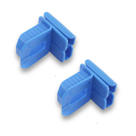 Footprint Plastic Line and Corner Blocks for bricklayers, blue with gauge window and glove-friendly grip.