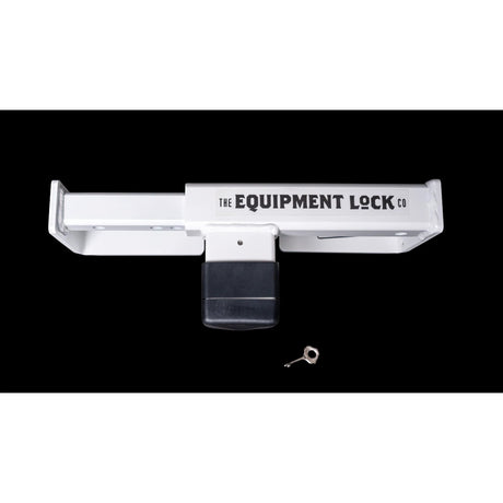 Dual-door security lock for semi-trailers with key and white mounting housing.