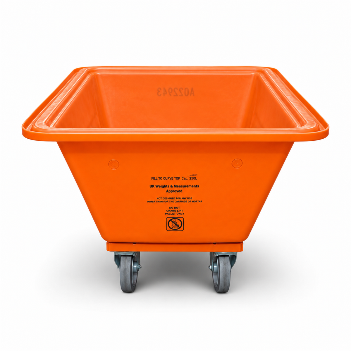 Level end view of Rhinobuild RhinoTub Roll 250L wheeled mortar tub